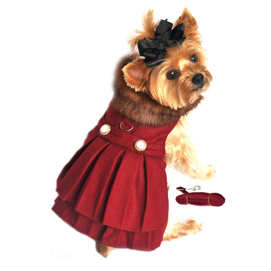 Burgundy Wool Blend Classic Dog Coat Harness and Fur Collar with D-Ring and Leash