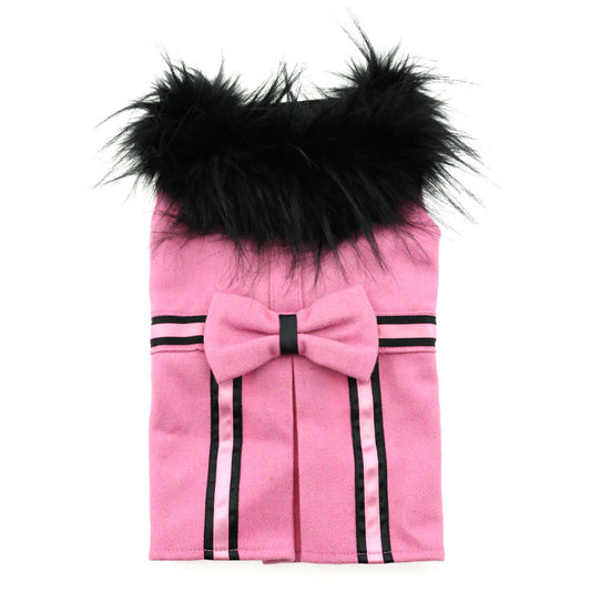 Pink Wool Blend Classic Dog Coat Harness and Fur Collar with D-Ring and Leash