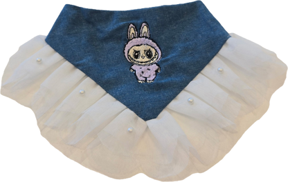 Labubu Denim Dog Bandana - Lavender with White Tulle