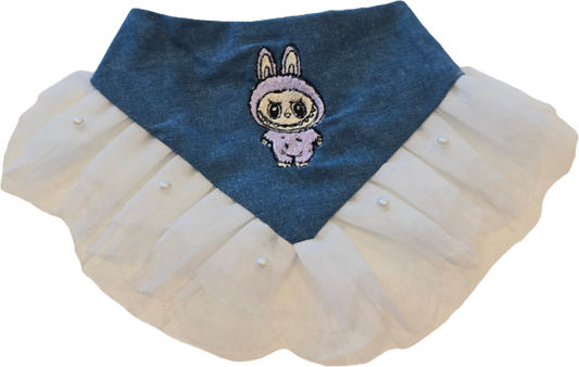Labubu Denim Dog Bandana - Lavender with White Tulle
