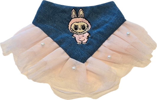 Labubu Denim Dog Bandana - Pink with Pink Tulle