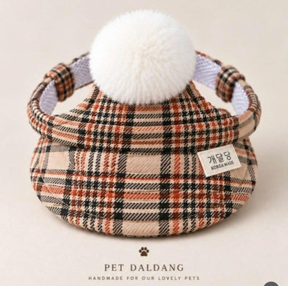 Toffee Brown Plaid Pom-Pom Hat for Dogs