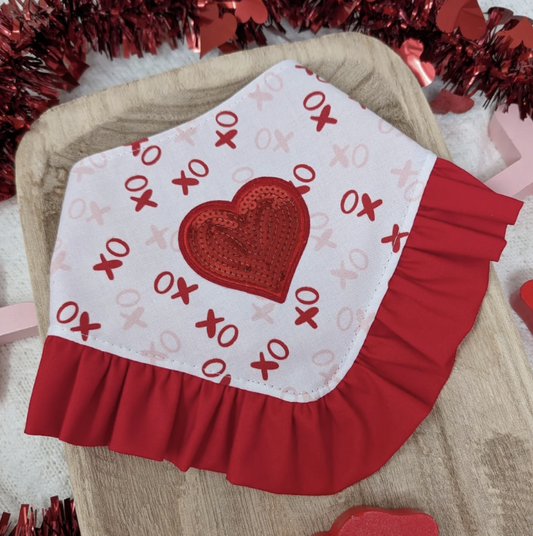 White XO with Red Piping and Ruffle Trim Dog Bandana