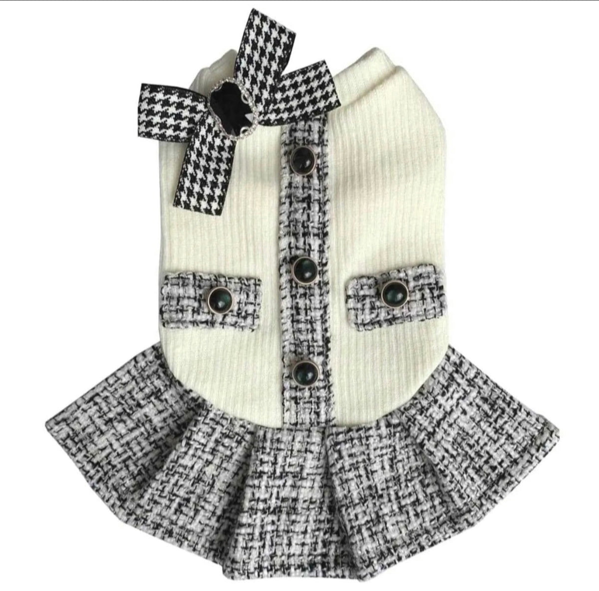 Ribbed Dog Dress With Plaid Tweed Details