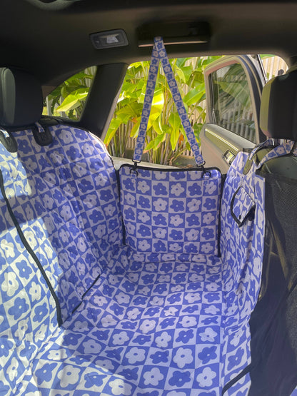 Blue Checkered Daisies: Deluxe Dog Hammock Car Seat Cover