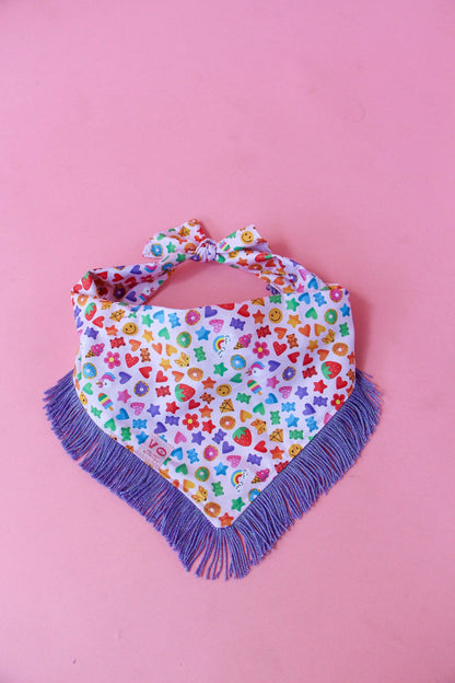 Rainbow with Metallic Purple Fringe Dog Bandana