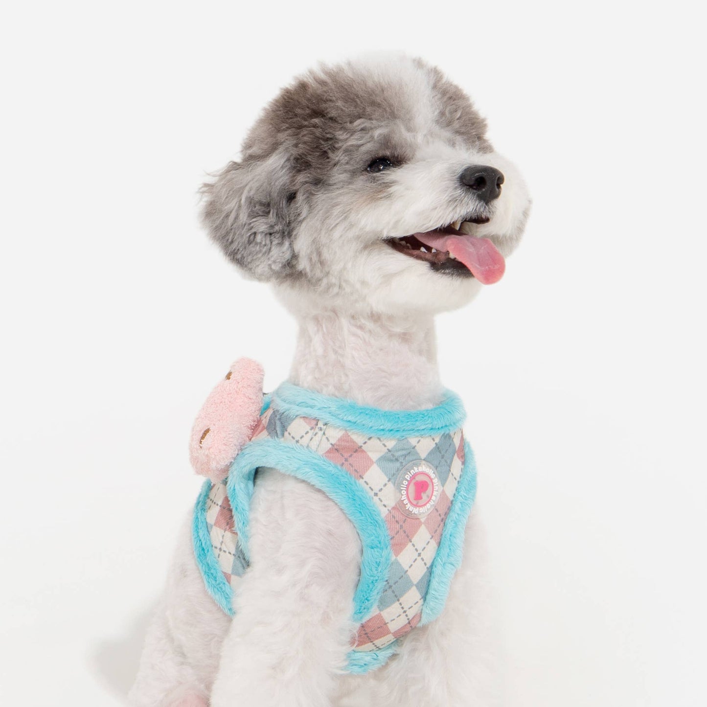 Arnés para perros Annika de Pinkaholic con diseño de rombos y osito de peluche