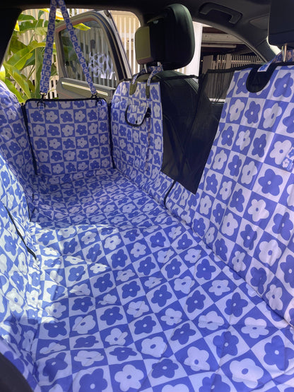 Blue Checkered Daisies: Deluxe Dog Hammock Car Seat Cover