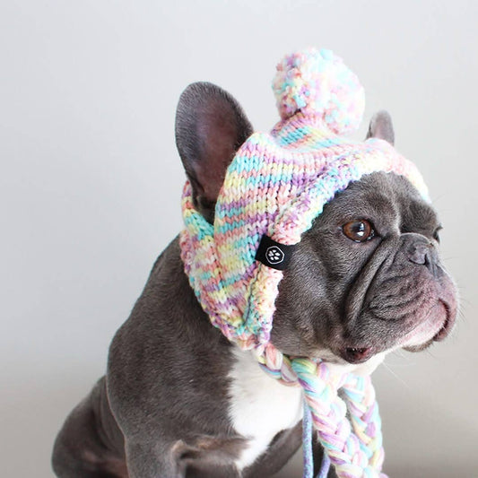 Gorro de punto con pompones para perro - Glaseado pastel