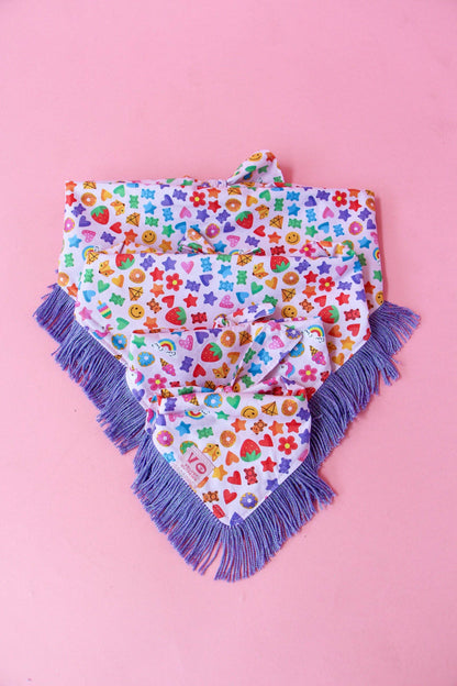 Rainbow with Metallic Purple Fringe Dog Bandana