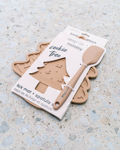 Juego de tapete y espátula para lamer con forma de árbol de galletas