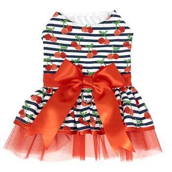 Cherry Stripes Dog Harness Dress with Matching Leash