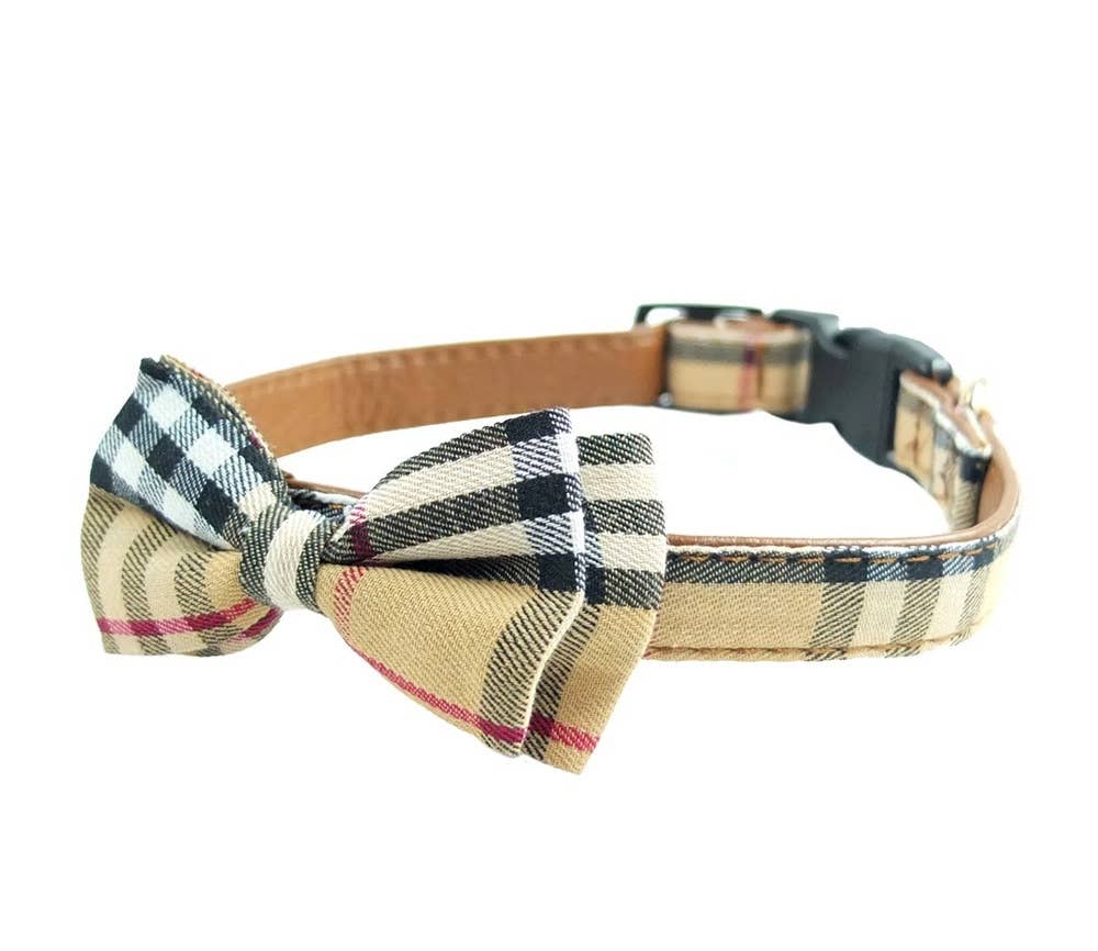 Collar para perro con pajarita a cuadros beige