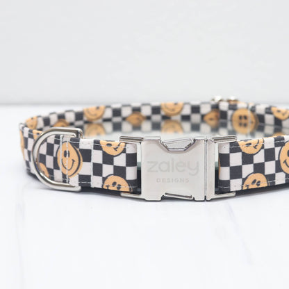 Checkered Smiley Faces Dog Collar