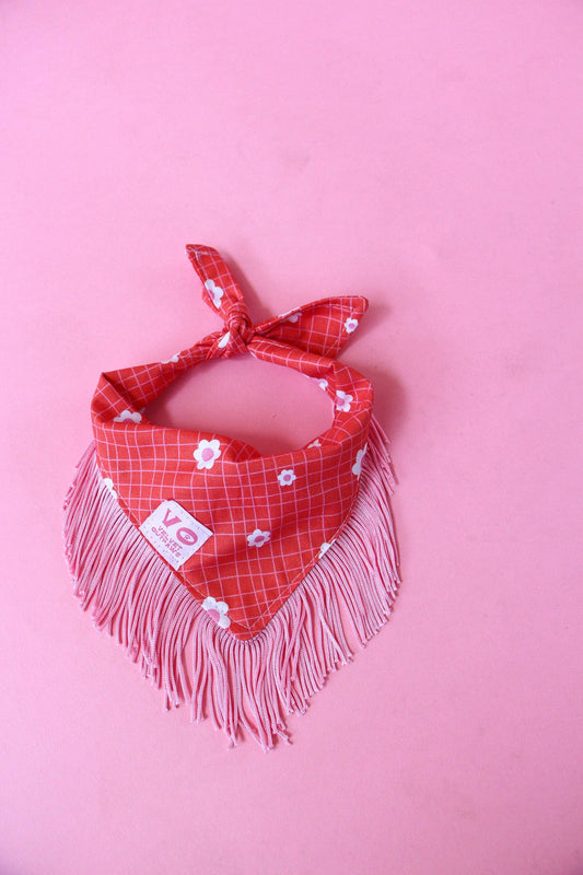 Groovy Grid Floral with Pink Fringe Dog Bandana