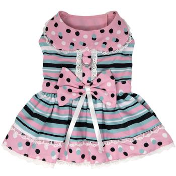 Dots & Stripes Dog Harness Dress with Matching Leash - Pink & Teal