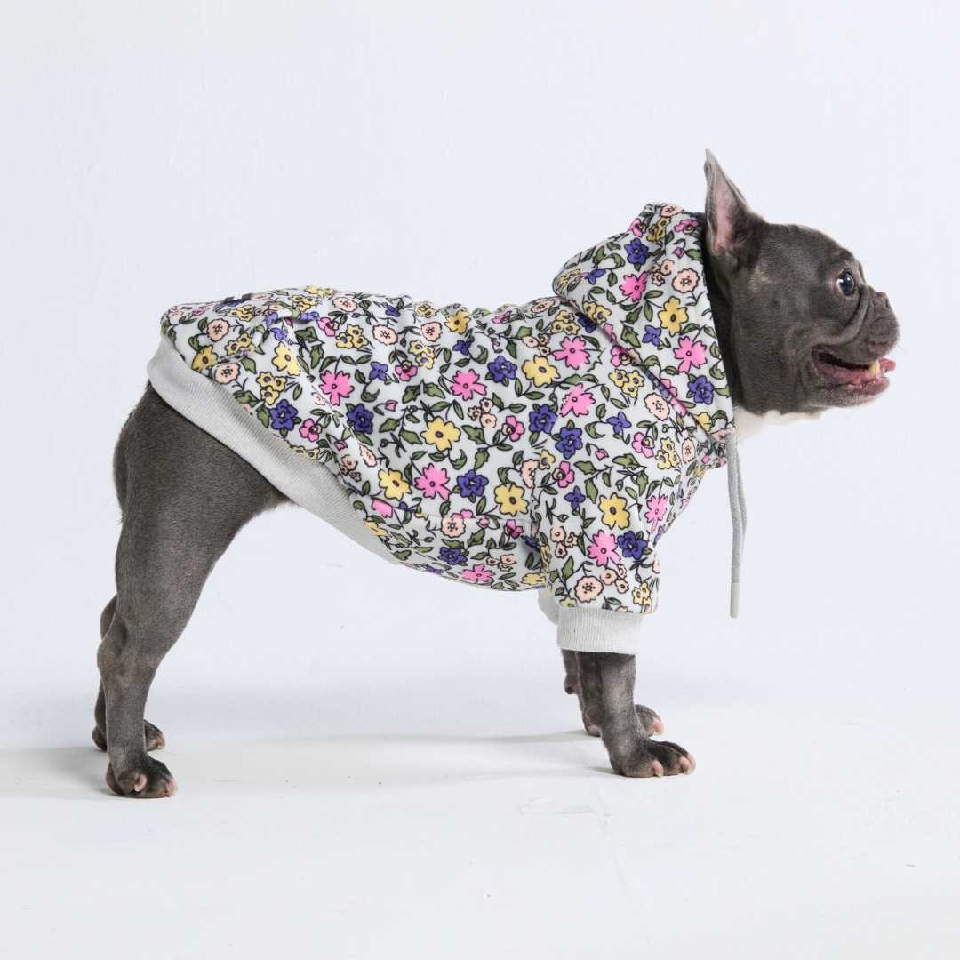 Sudadera con capucha y diseño de perro con flores vintage, gris claro