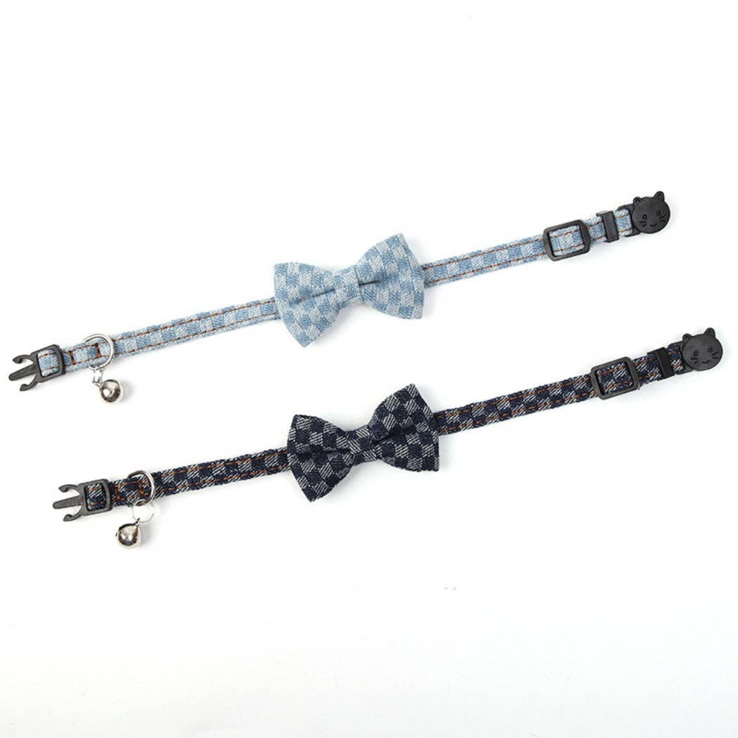 Mokka - Adjustable Gingham Denim Bow Tie Cat Collar