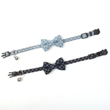 Mokka - Adjustable Gingham Denim Bow Tie Cat Collar