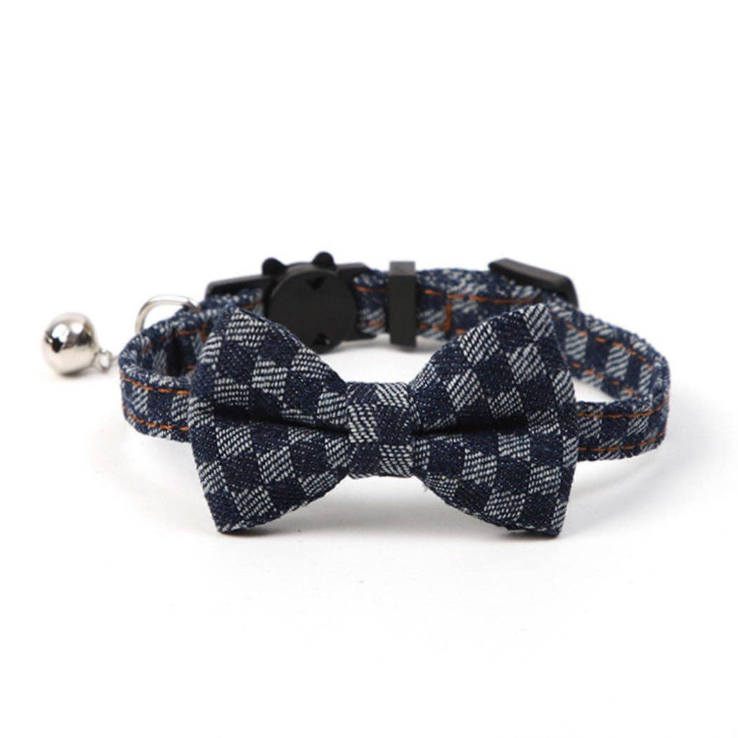 Mokka - Adjustable Gingham Denim Bow Tie Cat Collar