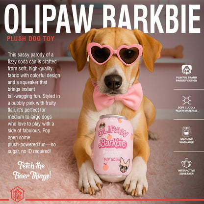 Olipaw PupSoda Barkbie  – Plush Squeaky Designer Dog Toy