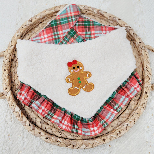 Gingerbread Sherpa and Plaid with Ruffle Snap On Dog Bandana