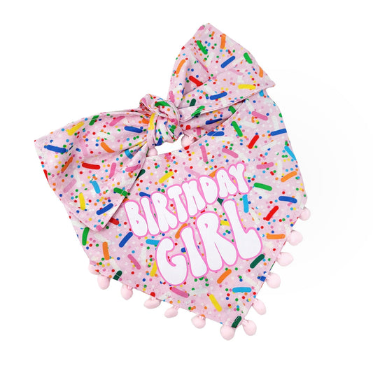 Pink Sprinkle Birthday Girl Dog Bandana With Pom Pom Trim