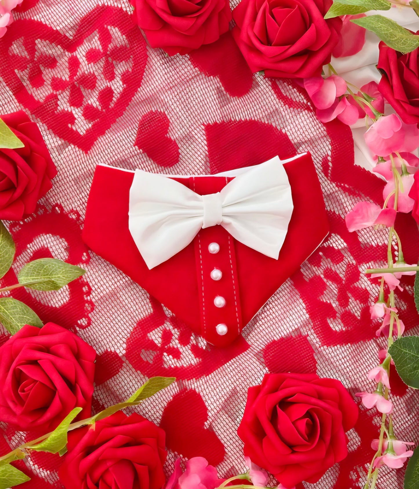 Valentine's - Red & White Satin Bow with Pearls Dog Bandana