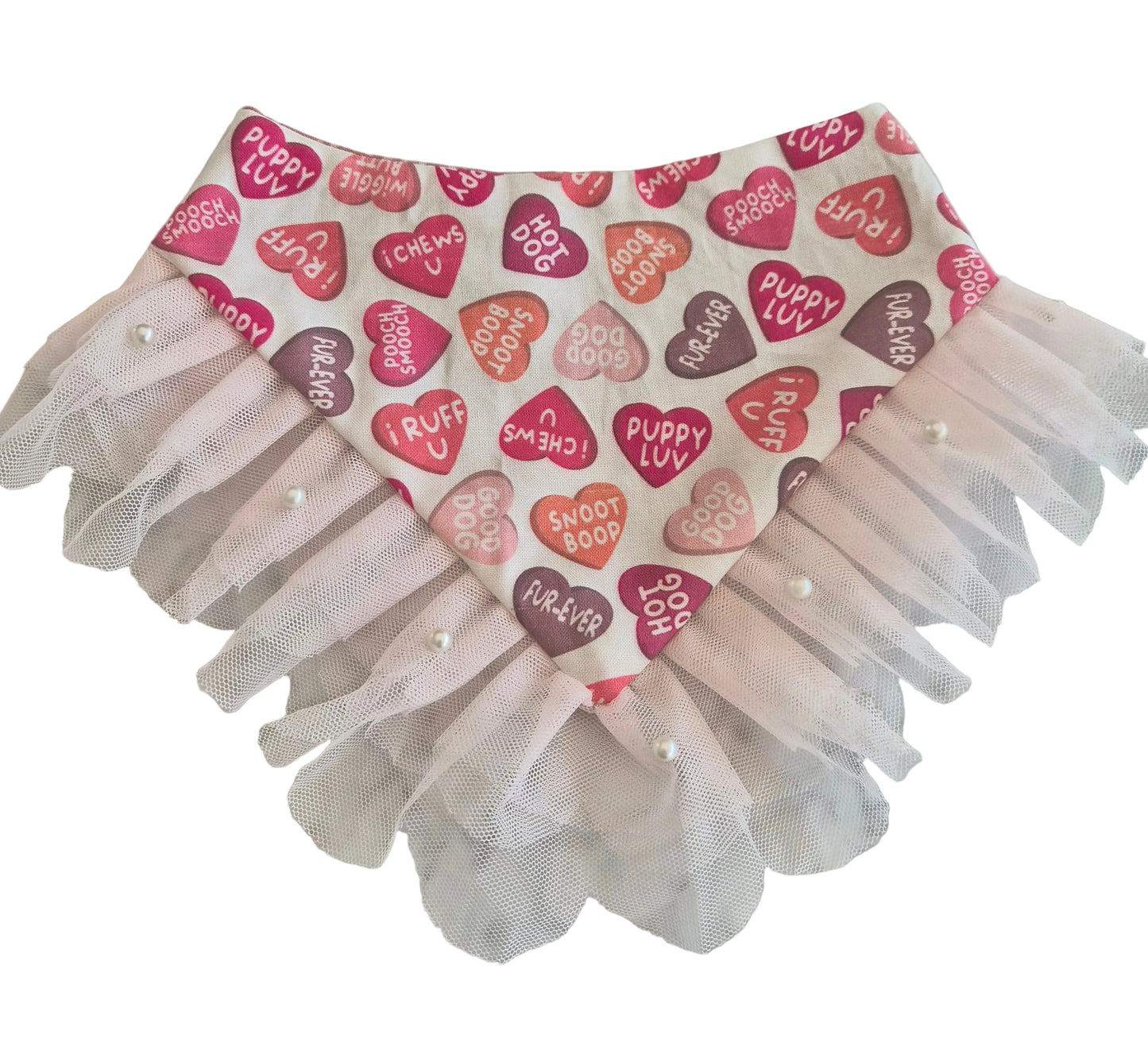 Conversation Hearts with Pink Tulle Valentine's Dog Bandana