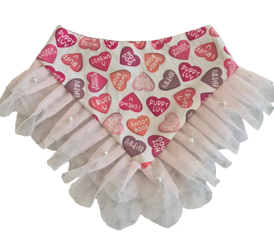 Conversation Hearts with Pink Tulle Valentine's Dog Bandana