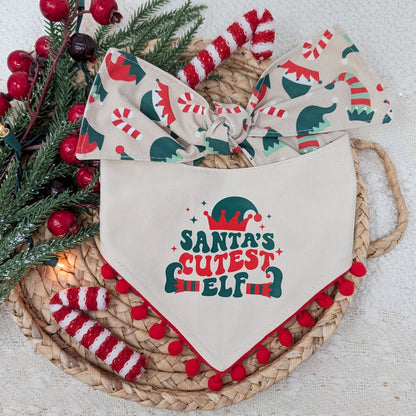 Santa's Cutest Elf Pom with Pom Pom Trim Dog Bandana