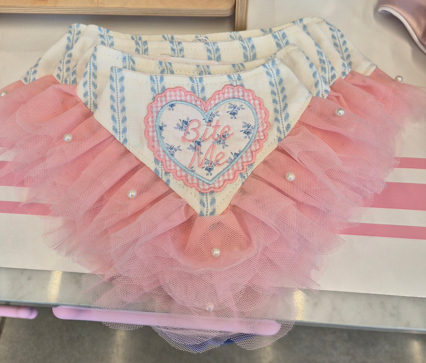 Bite Me Reversible Embroidery Denim with Tulle/Lace Dog Bandana