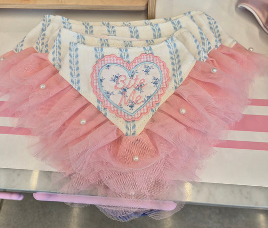 Bite Me Reversible Embroidery Denim with Tulle/Lace Dog Bandana
