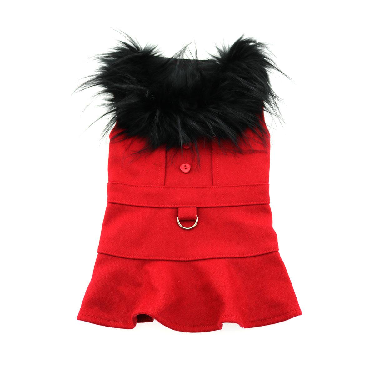 Red Wool Blend Classic Dog Coat Harness and Fur Collar with D-Ring and Leash