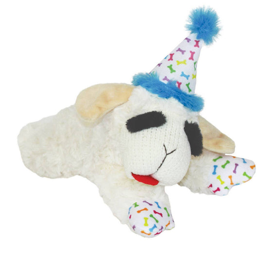 Juguete de peluche para perros Multipet Lamb Chop con sombrero de cumpleaños, azul, 10,5"