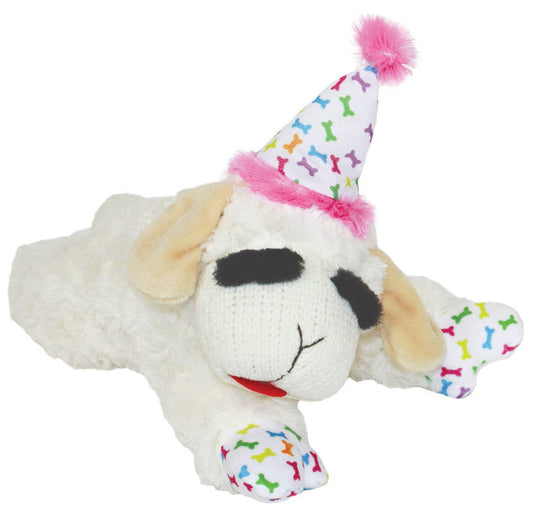 Juguete de peluche para perros Multipet Lamb Chop con sombrero de cumpleaños, color rosa, 10,5"