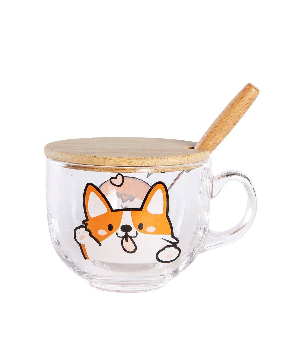 Vaso de cristal con tapa y cuchara para Corgi o Shiba